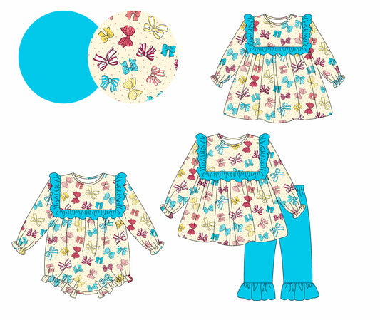 25.5.15 custom each style moq 5eta 4-6week Sibling Sisters bow baby girl long sleeve pants sets and dress and rompers match family design