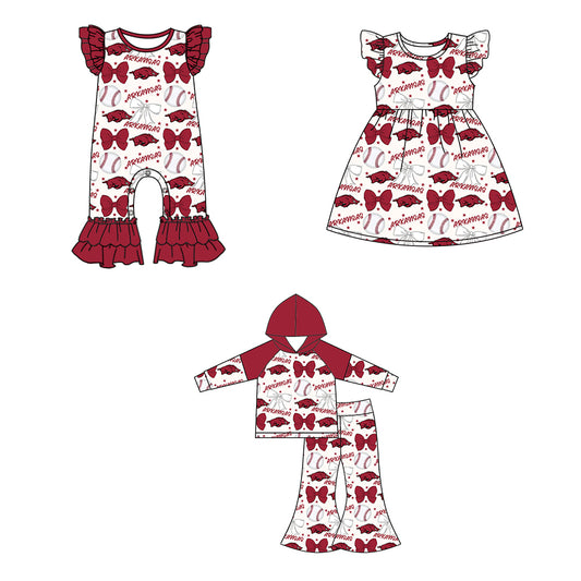 Custom moq 5 each style summer teams baby girls clothes team bow red long sleeve hooded pants sets and dress and romper-25.6.13