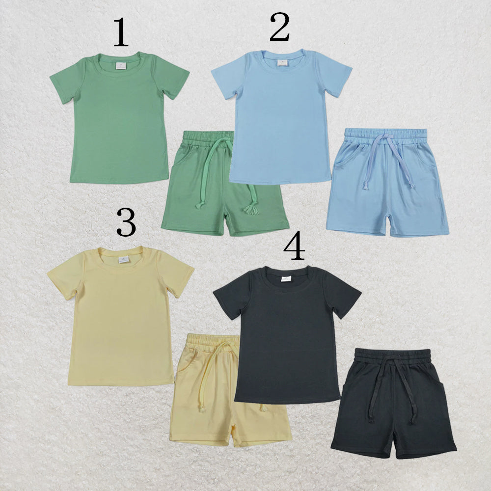 RTS NO MOQ Sibling Baby Boys solid Short Sleeve Shirts Top Pockets Shorts Pajamas Clothes Sets