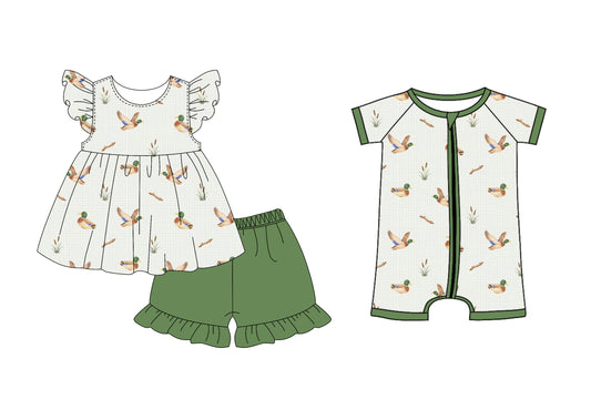 3.16 Custom moq 5 mix size Sibling Baby Girl's Flutter-Sleeved Top And Green Shorts Set with Matching Boy Short-Sleeved Zippered Romper