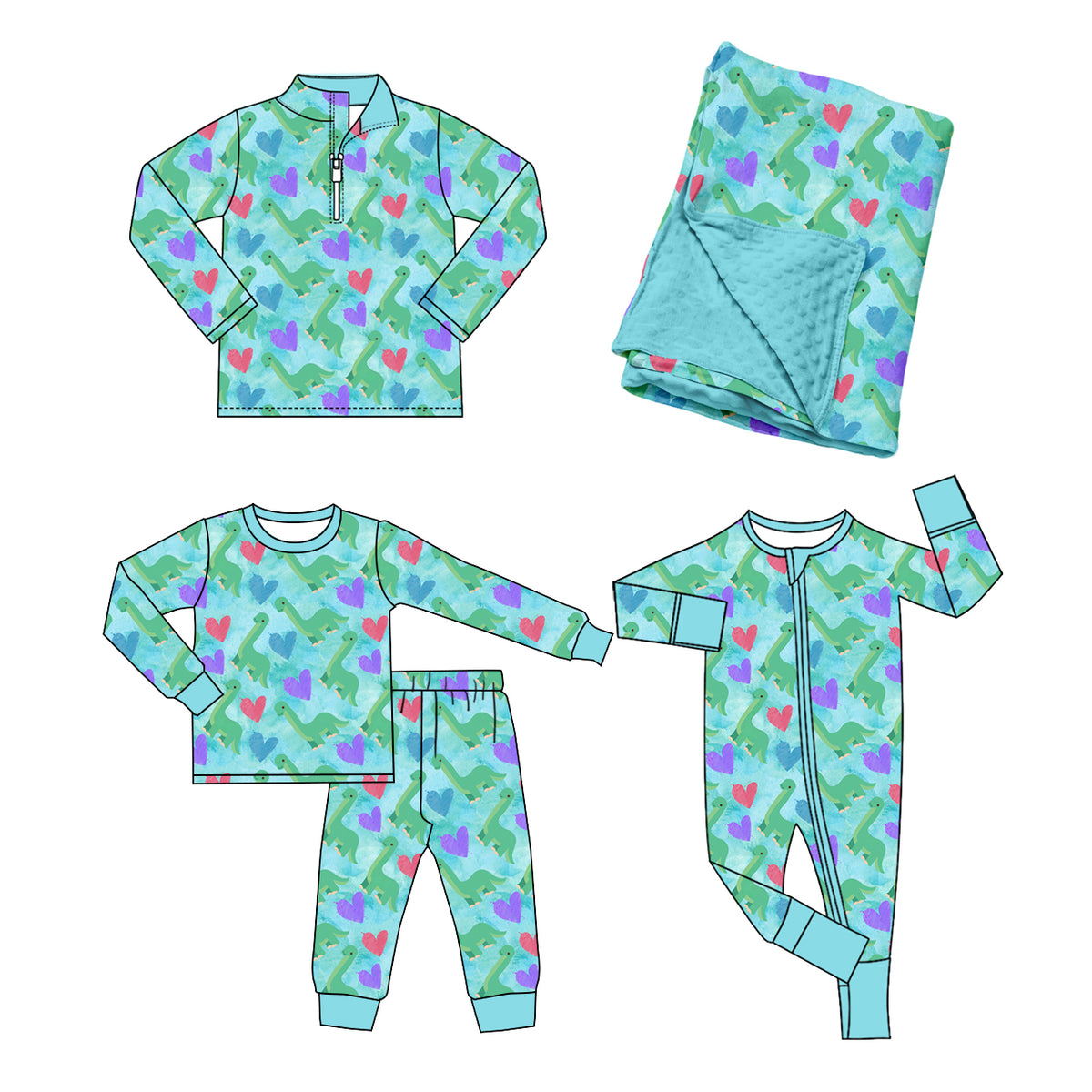 (Preorder new) No moq Baby Heart Print Bamboo Pajama Set Toddler Half Zip Top Two Piece Sleepwear And Minky Blanket
