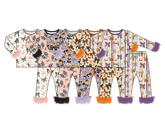 (Pre Order) No moq milk silk Baby Girls Colorful Bows Spiders Fur Sleeves Top Pants Halloween Pajamas Sets