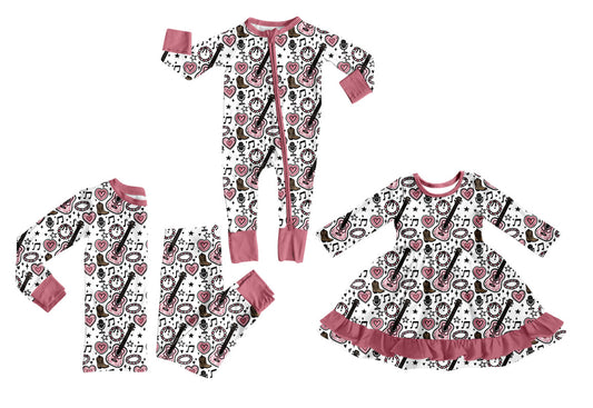 25.10.22 custom each style moq 5 eta 6-8week Sibling Sisters guitar love baby girl long sleeve pants sets and dress and rompers match family design