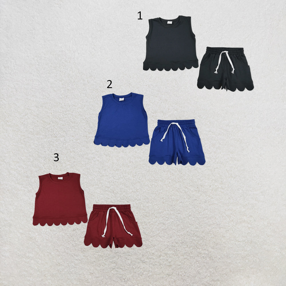 RTS NO MOQ Sibling cotton Baby Girls Solid Color Sleeveless Top Scallop Summer Clothes Set