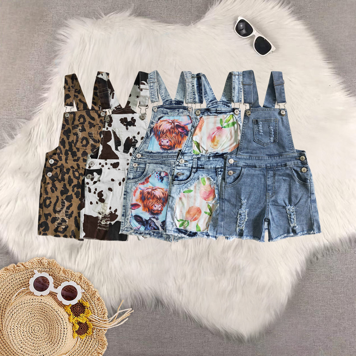 RTS NO MOQ Sibling baby girl clothes cow print denim overbell
