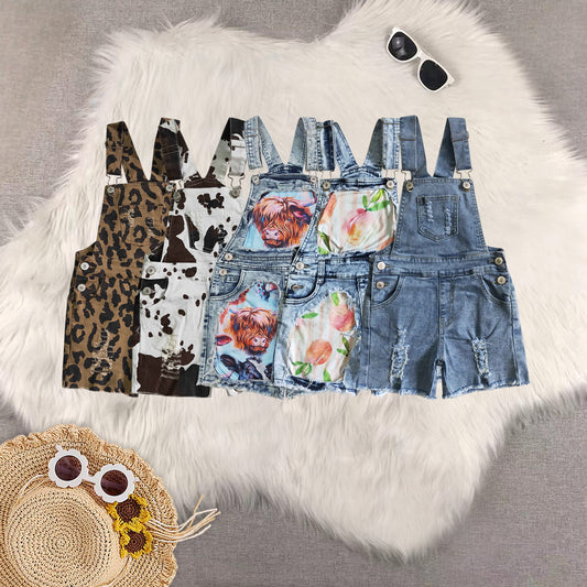 RTS NO MOQ Sibling baby girl clothes cow print denim overbell