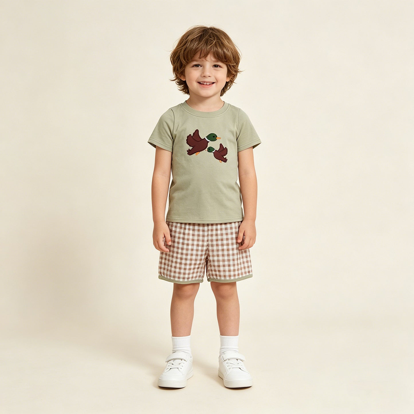 RTS NO MOQ BSSO1867 Baby Boys Cute Duck Embroidery Top Checked Casual Shorts Set