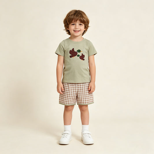 RTS NO MOQ BSSO1867 Baby Boys Cute Duck Embroidery Top Checked Casual Shorts Set