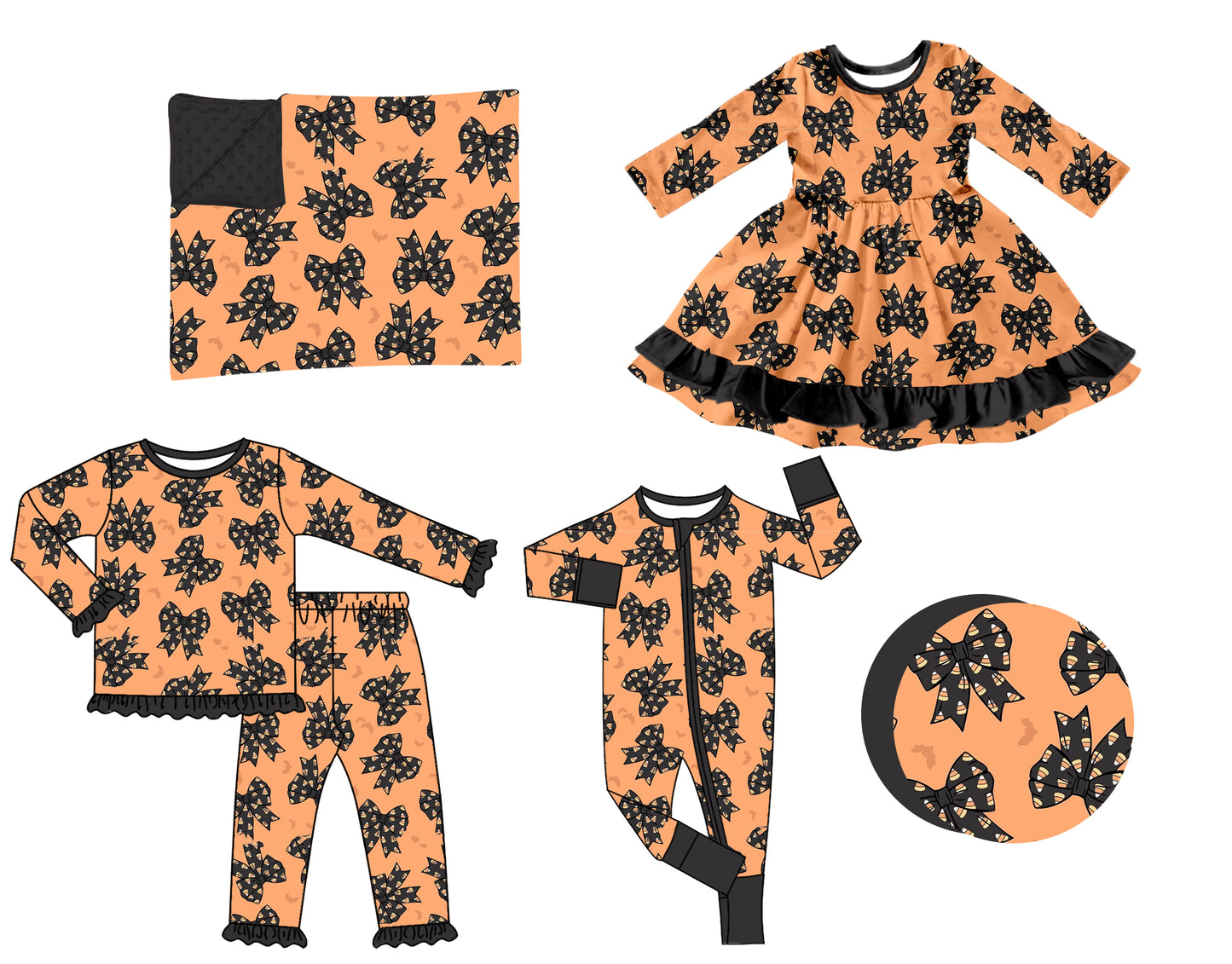 (Preorder new) No moq Baby Girls Orange Halloween Bow Print Long Sleeve Ruffle Top Ruffle Pant Pajamas Set Dress Rompers Blankets