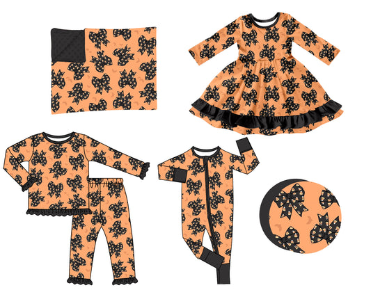 (Preorder new) No moq Baby Girls Orange Halloween Bow Print Long Sleeve Ruffle Top Ruffle Pant Pajamas Set Dress Rompers Blankets
