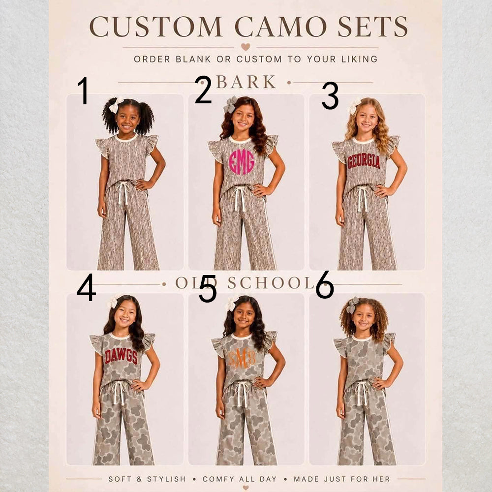 custom moq 5 mix size  JILNGE01 Baby Kids Camo Print Ruffle Flutter Sleeve Top And Drawstring Wide Leg Pants Casual Clothes Set