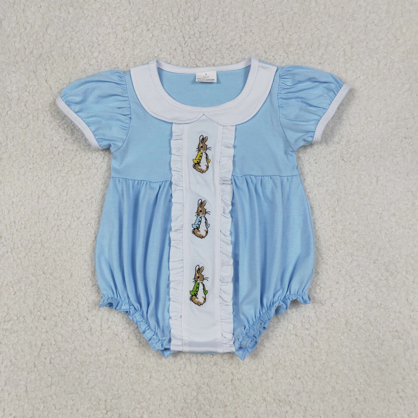 RTS NO MOQ（In Stock ) SR3382 Embroidered Easter Bunny Lace Peter Pan Collar Blue Short-Sleeved Jumpsuit