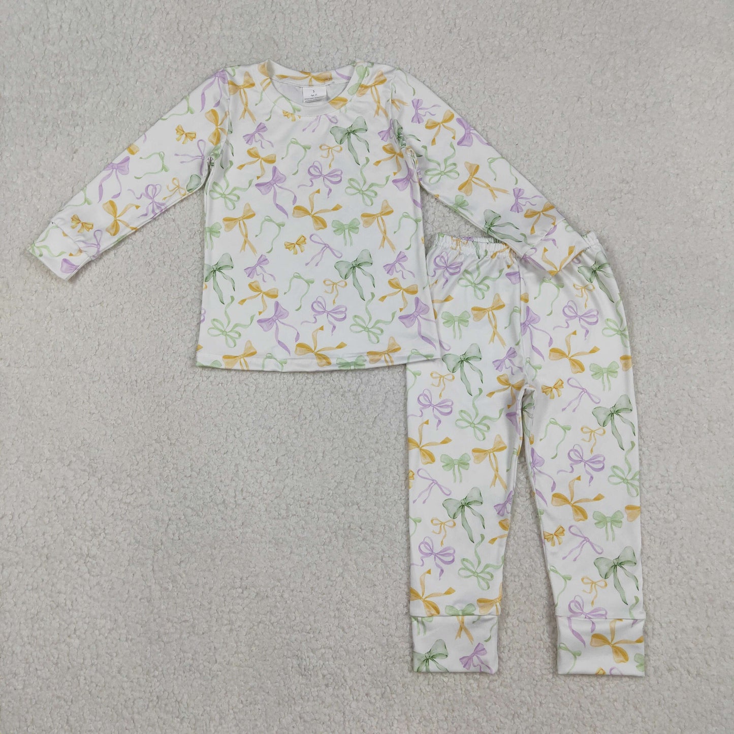 RTS NO MOQ（In Stock) Carnival Bow Pattern White Long-Sleeve Pants Pajama Set