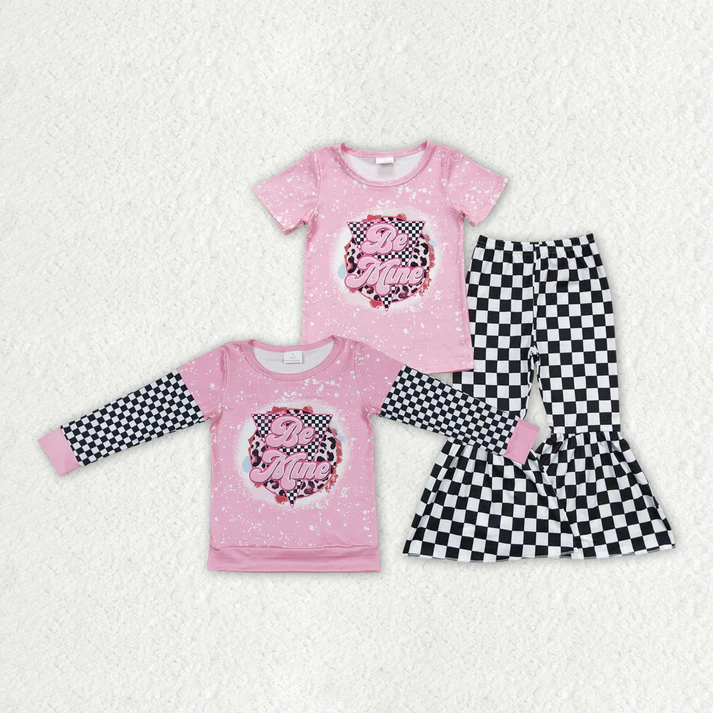 RTS NO MOQ BE MINE pink short-sleeved pants set and long sleeve top