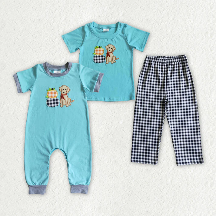 RTS NO MOQ Sibling Baby boys clothes embroidery pumpkin short-sleeved trousers suit & romper