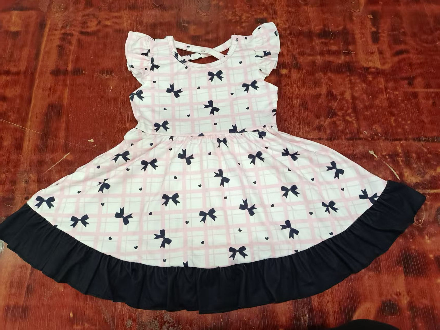 Custom moq 3 eta 6-7weeks baby girl clothes bow plaid flying sleeve dress-25.5.10