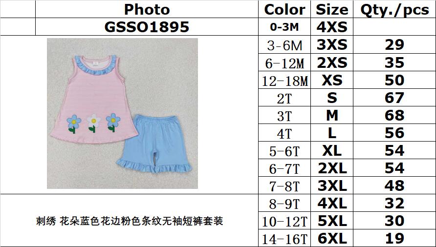 RTS NO MOQ ETA 5/7days Arrived GSSO1895 Embroidered flower blue lace pink striped sleeveless shorts set