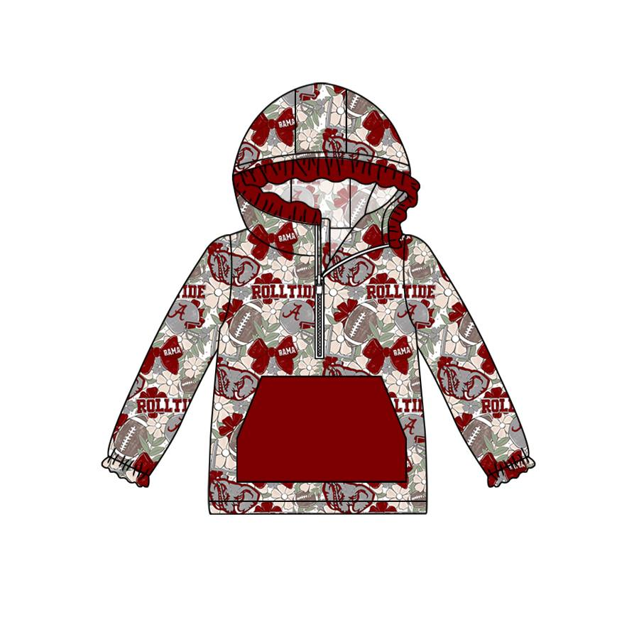 Custom moq 5 mix size milk silk baby girls clothes team brick red hooded long sleeve top 2-25.8.2