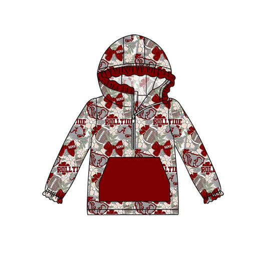 Custom moq 5 mix size milk silk baby girls clothes team brick red hooded long sleeve top 2-25.8.2