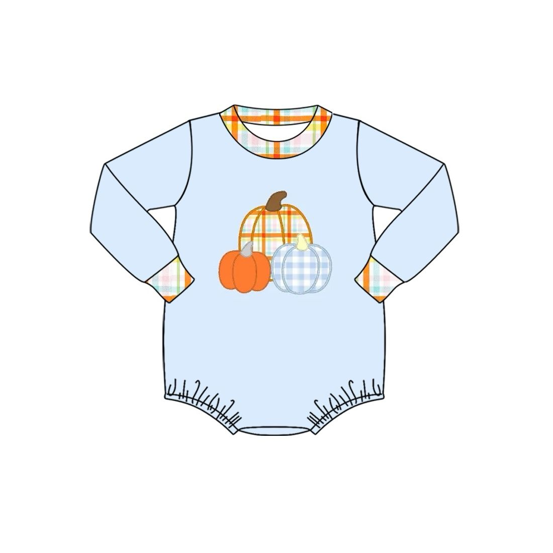 Deadline  September 12  custom no moq eta 6-8weeks Embroidered Pumpkin Sky Blue Long Sleeve Romper