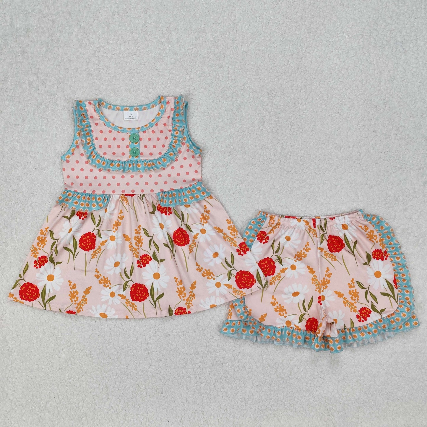 RTS NO MOQ ETA 5/7days Arrived GSSO2067 Flowers and Leaves Pink Dots Sleeveless Shorts Set