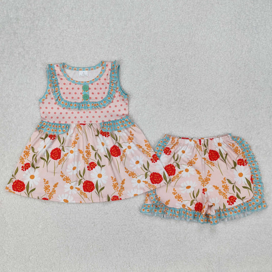 RTS NO MOQ ETA 5/7days Arrived GSSO2067 Flowers and Leaves Pink Dots Sleeveless Shorts Set