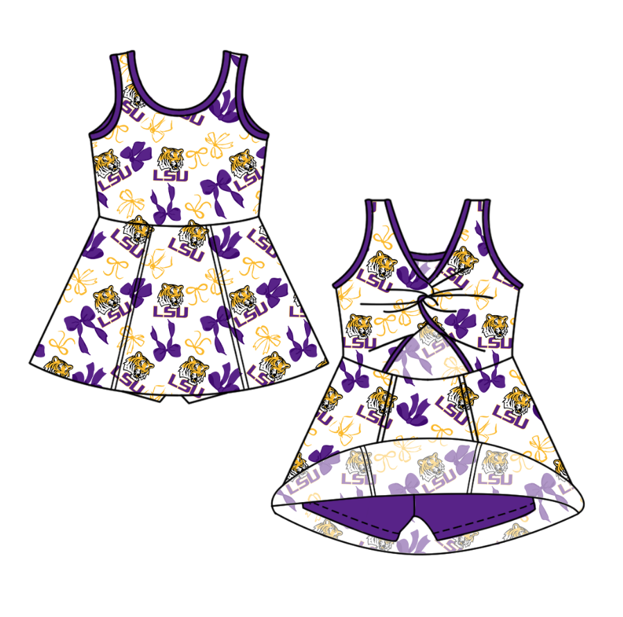 custom moq 5 mix size NB020624 Baby Girls Bow Printed Team Sleeveless Knee Skort Dresses Yoga Active Outfits