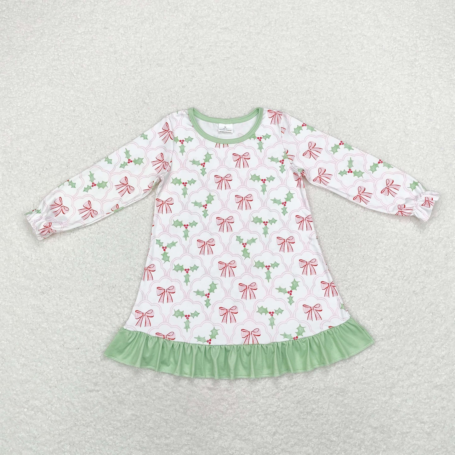 rts no moq GLD0656 Pink bow pattern leaf green lace white long-sleeved dress