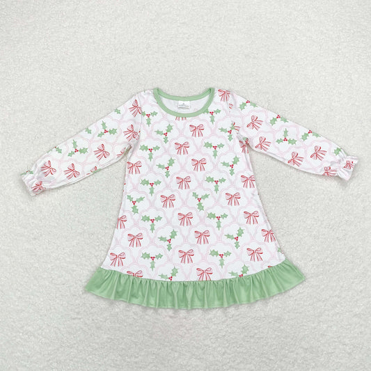 rts no moq GLD0656 Pink bow pattern leaf green lace white long-sleeved dress