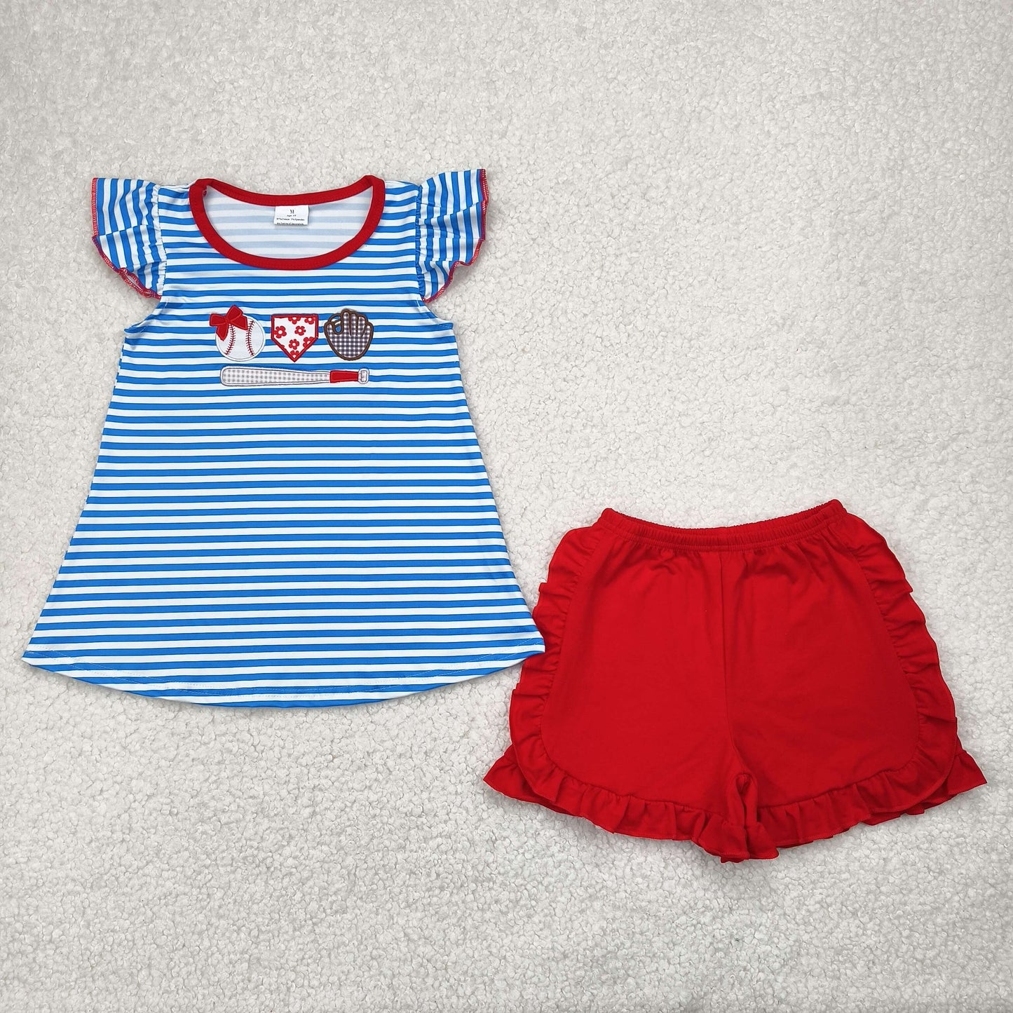 RTS NO MOQ GSSO2348 Embroidered baseball glove blue striped flying sleeve red shorts set