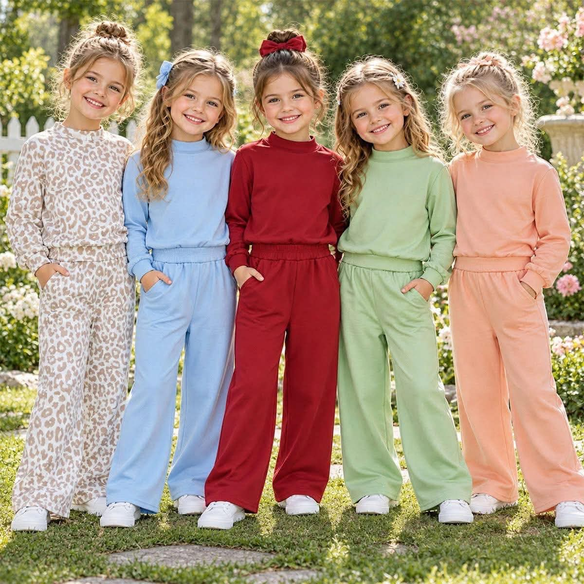RTS NO MOQ Sibling cotton Baby Girls High Neck Solid Leopard Long Sleeve Top And Wide Leg Pant Casual Set