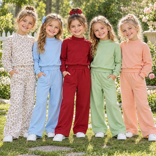 RTS NO MOQ Sibling cotton Baby Girls High Neck Solid Leopard Long Sleeve Top And Wide Leg Pant Casual Set