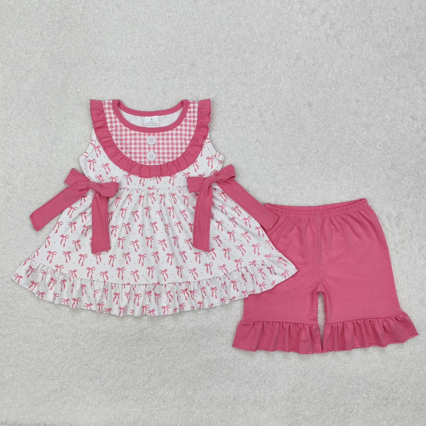 RTS NO MOQ ETA 5/7days Arrived GSSO1639 Bow pattern pink lace plaid sleeveless shorts set