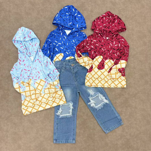 RTS NO MOQ Sibling baby boy girl clothes Waffle Ice Cream Royal Blue Hooded Long-Sleeved Top demin Pants set