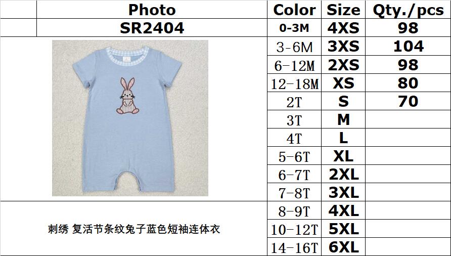 RTS NO MOQ ETA 5/7days arrived SR2404 Embroidered Easter Striped Bunny Blue Short Sleeves Bodysuit