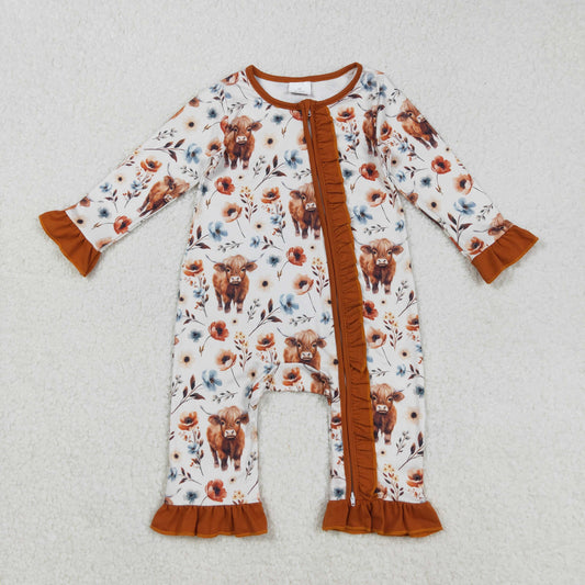 RTS NO MOQ（In Stock) LR1624 Beige zippered long-sleeved jumpsuit with alpine bull head flowers and brown lace