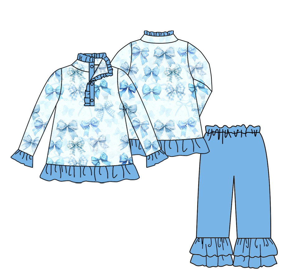 Custom moq 5 mix size eta 6-8weeks milk silk baby girl clothes bow blue long sleeve pants set 2 and dress