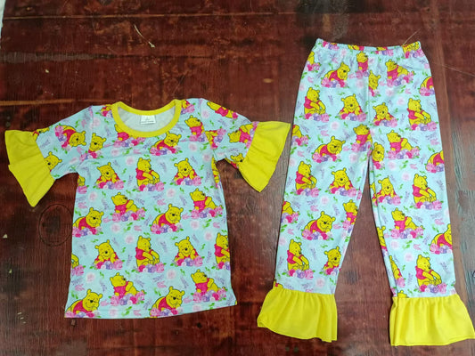 Custom moq 3 eta 6-7weeks Yellow Honey Bear - Sky Blue Short Sleeve Trousers Set with Ruffled Cuffs and Trousers