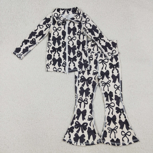 RTS NO MOQ（In Stock) GT1084+P0775 Beige yoga long sleeve pants with black bow pattern set