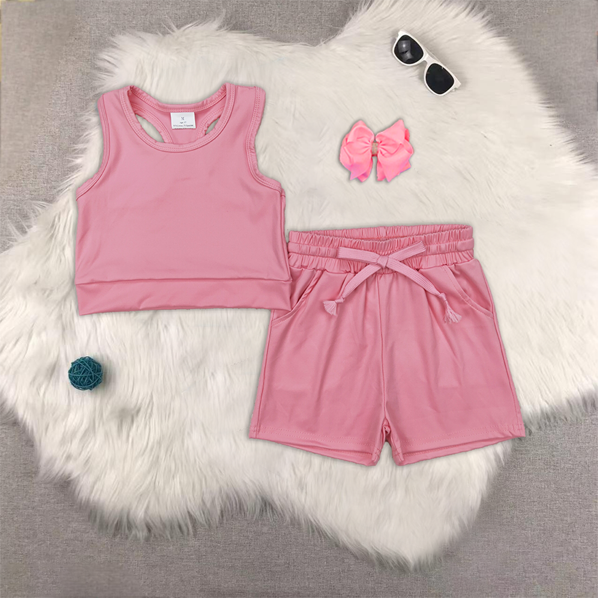 RTS NO MOQ baby girls Clothes yoga solid color short sleeve shorts Sets