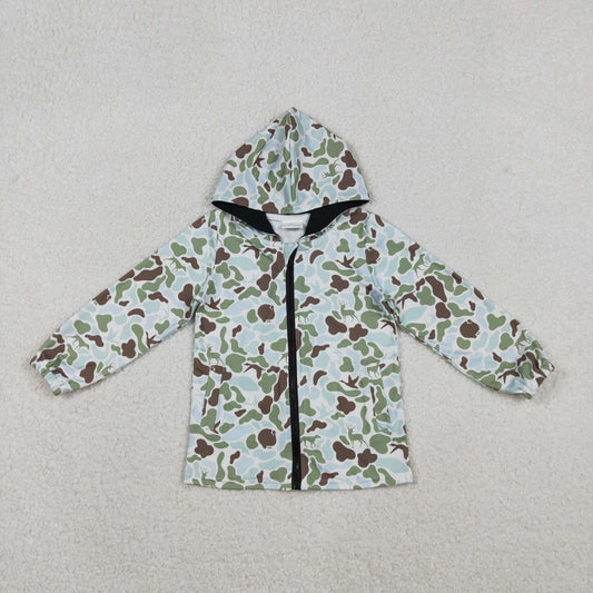 RTS NO MOQ（In Stock) BT1399 Reindeer Brown-Green Camouflage Zipper Hooded Long-Sleeved Top