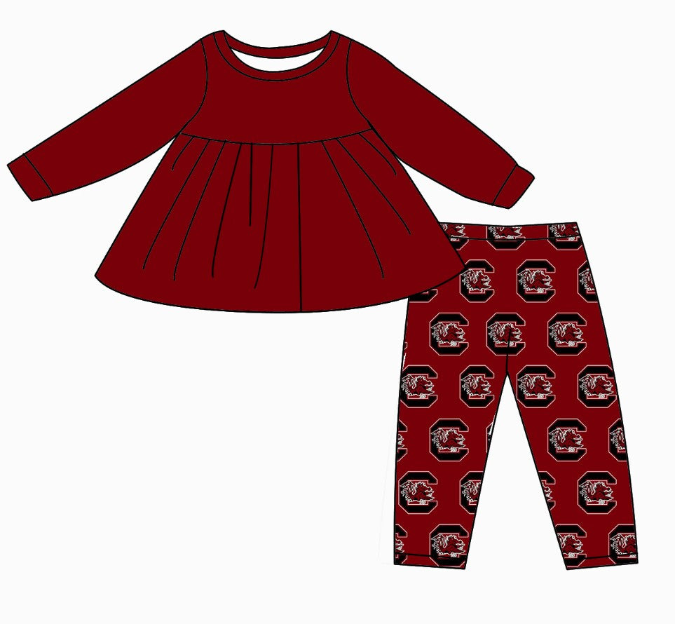 Custom moq 5 tat about 6-8 weeks baby girls clothes team brick red long sleeve pants pajamas sets