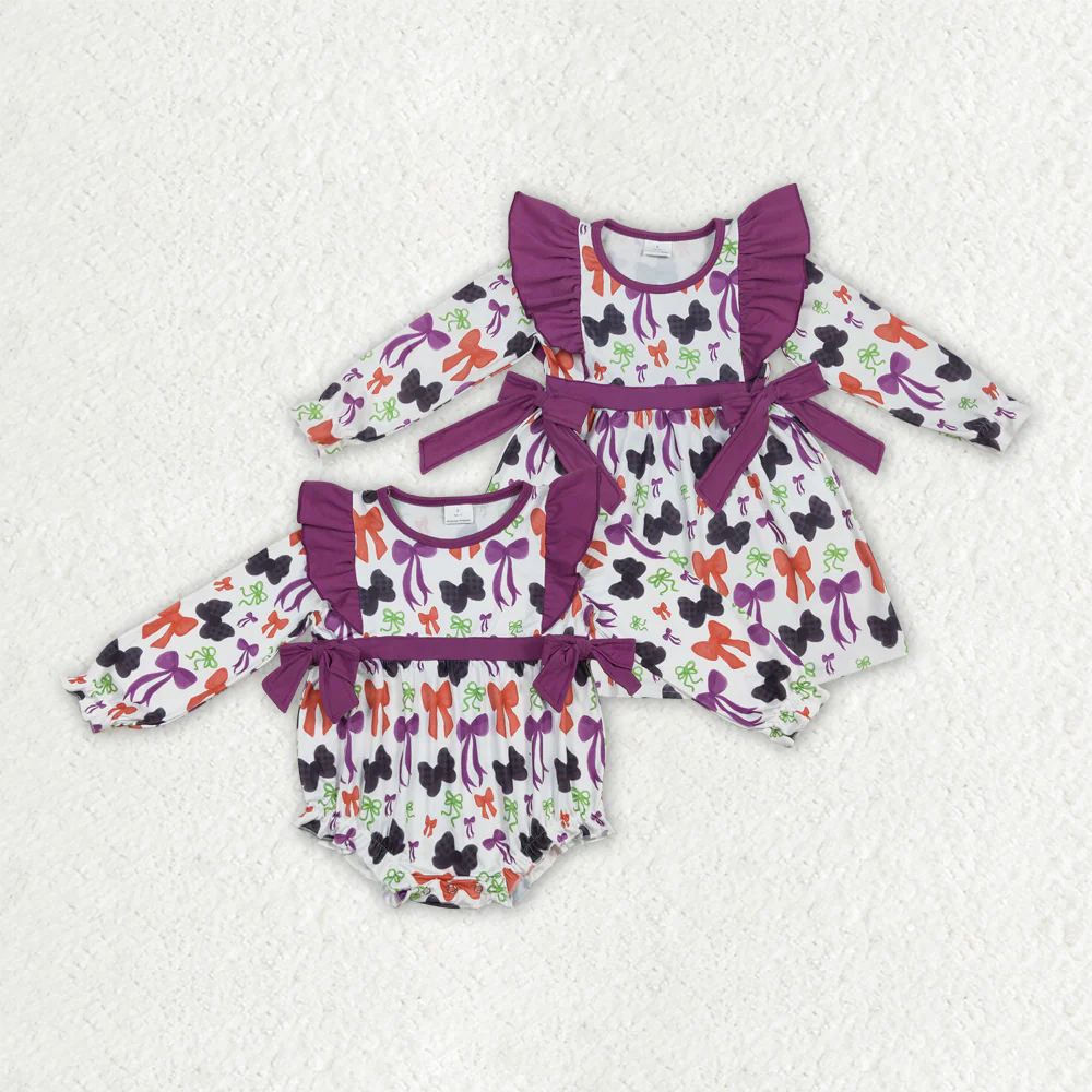 RTS Sibling baby girls clothes halloween bow long Sleeve dress and rompers