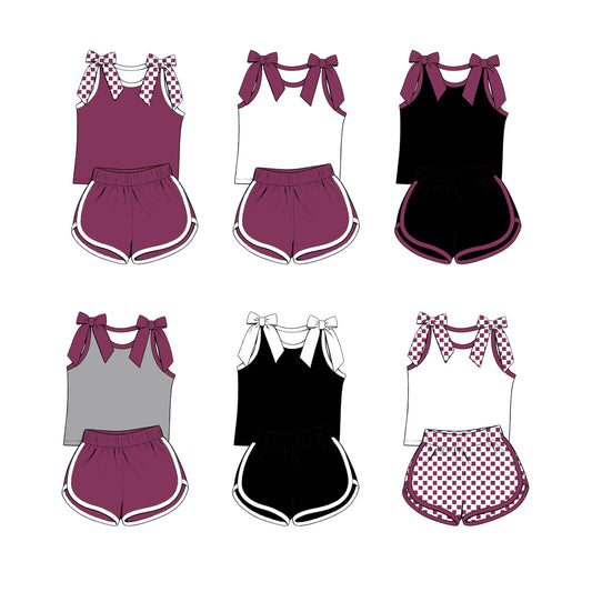 custom moq 5 mix size Baby Girls dark purplish-red Bow Sleeveless Top Shorts Summer Outfit Sets