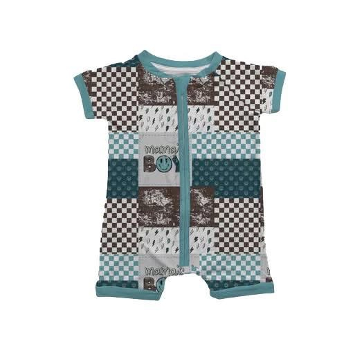 Custom moq 5 mix size milk silk Baby Boy Plaid Short-Sleeved Zippered Romper