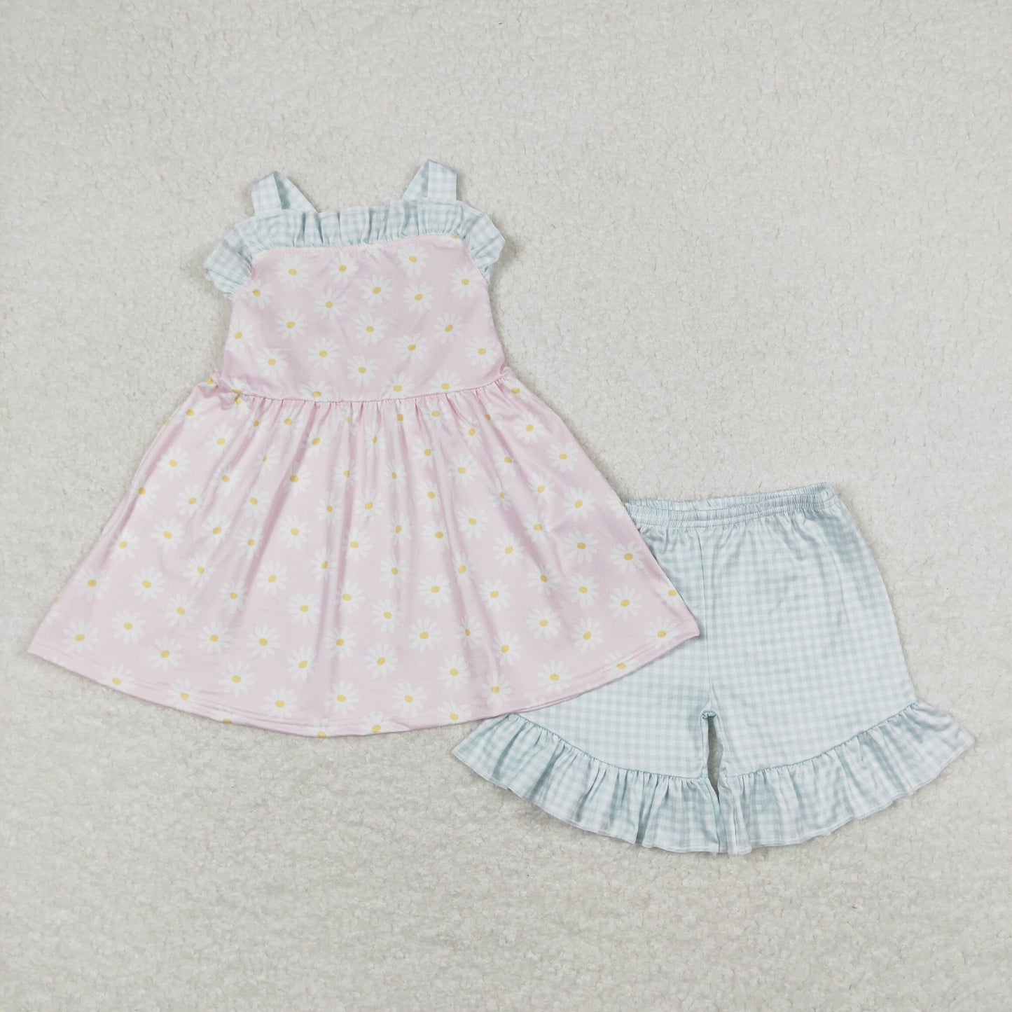 GSSO0724 Daisy flower plaid lace pink sleeveless shorts suit