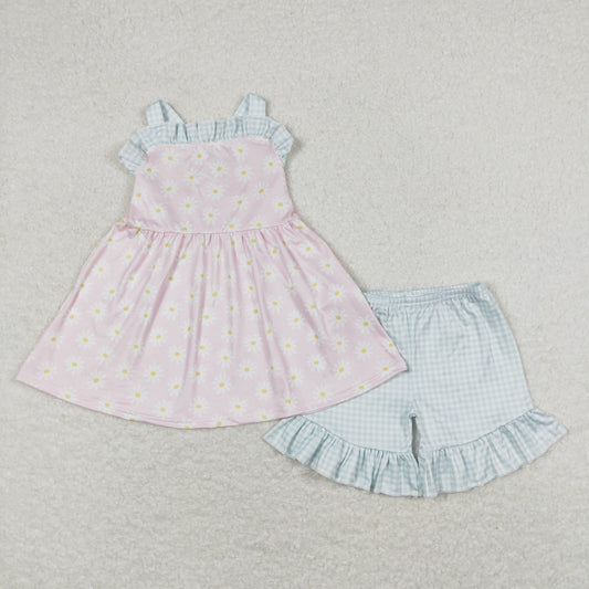 GSSO0724 Daisy flower plaid lace pink sleeveless shorts suit
