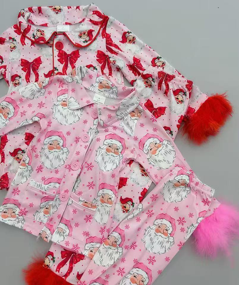 RTS NO MOQ Sibling Baby Girls Christmas Pink Plush Button Long Sleeve Long Pants Pajama Set
