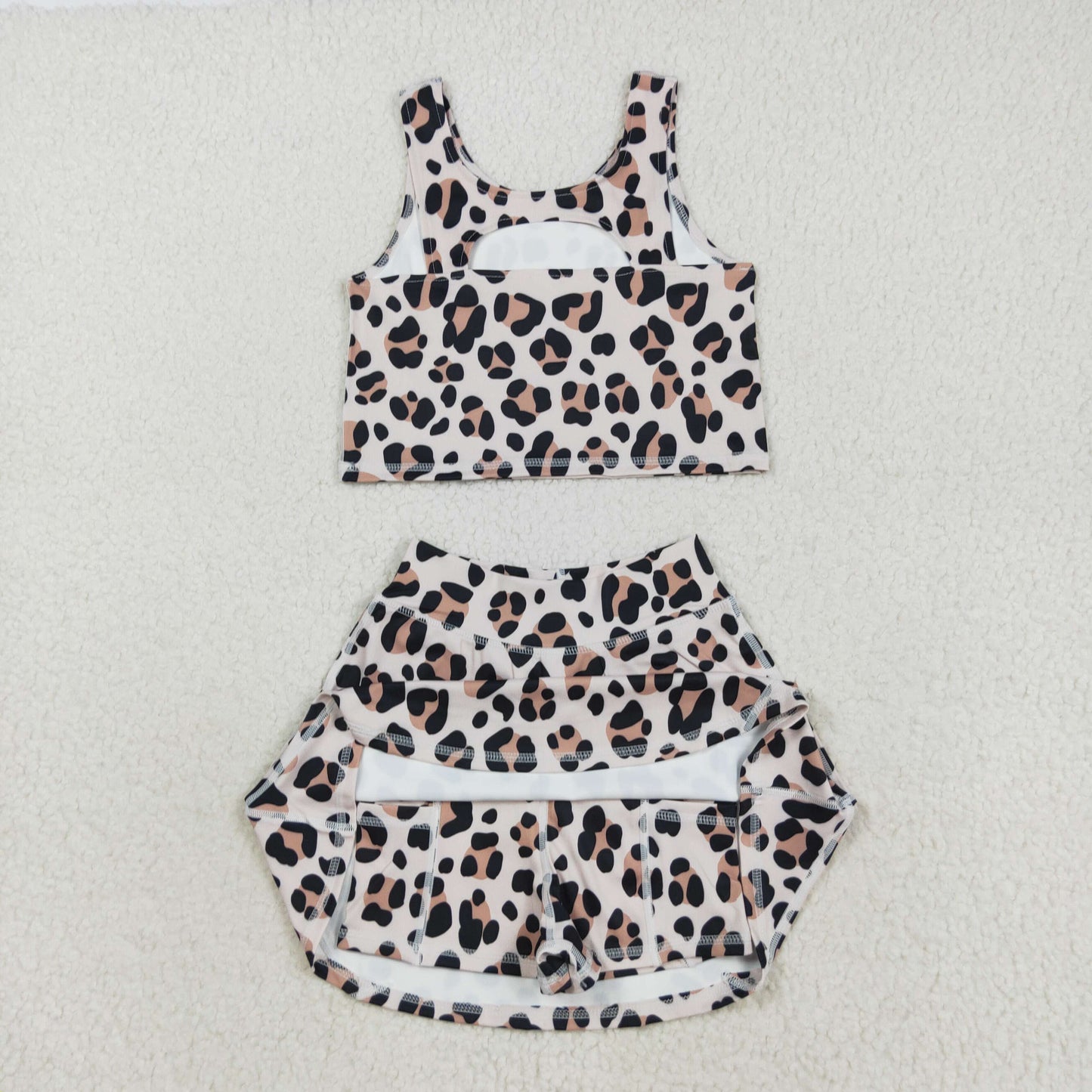RTS NO MOQ（In Stock) Brown leopard print beige vest skirt yoga suit