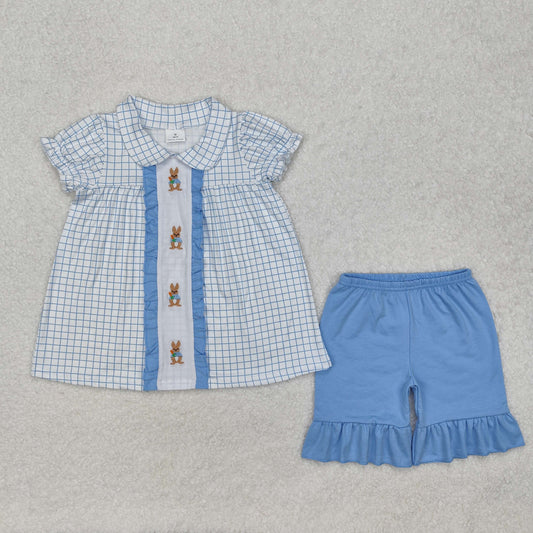 RTS NO MOQ（In Stock) GSSO1583 Embroidered Easter Bunny Plaid Doll Collar Short Sleeve Blue Lace Shorts Set